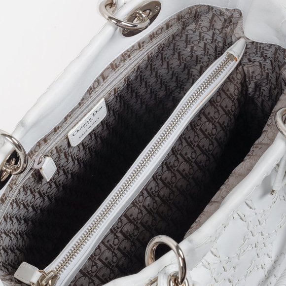 Christian Dior White Lambskin Stitched Woven Lady Dior Tote - Picture 9 of 11